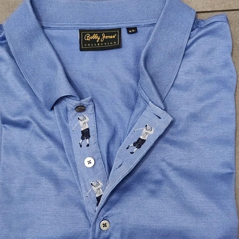 Bobby Jones Collection Polo Golf Shirt Mens XL Made in Italy Golfer Placket Blue - Picture 2 of 6
